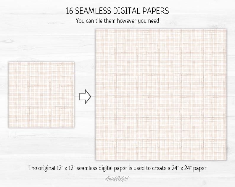 Puede incluir: Un paquete de papel digital con 16 patrones sin costuras. Los patrones son de color beige claro con un dise&ntilde;o de cuadr&iacute;cula sutil. El papel digital original de 12" x 12" se puede colocar en mosaico para crear un papel de 24" x 24".