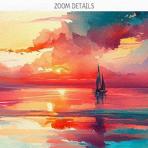 May include: A watercolor painting of a sailboat on a calm sea at sunset. The sky is a vibrant mix of orange, pink, and purple, with clouds reflecting in the water.