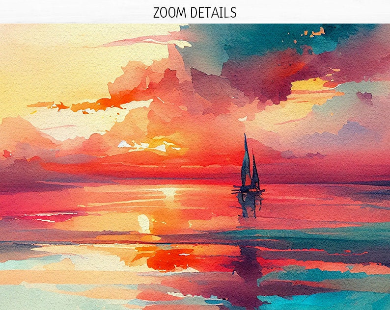 May include: A watercolor painting of a sailboat on a calm sea at sunset. The sky is a vibrant mix of orange, pink, and purple, with clouds reflecting in the water.