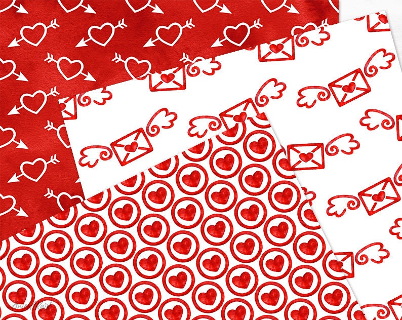 Red & White Valentine Day Digital Paper Pack Watercolor Love Seamless ...