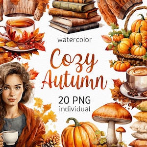 Cozy Automne Aquarelle Clipart Automne PNG graphiques Feuilles tombantes Fille illustration Livre Décor Citrouille Épices latte Télécharger Utilisation commerciale