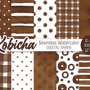Marrom padrão sem emenda aquarela bolinhas pacote de papel digital para impressão scrapbooking papel aquarela verificação listras marrom escuro fundo
