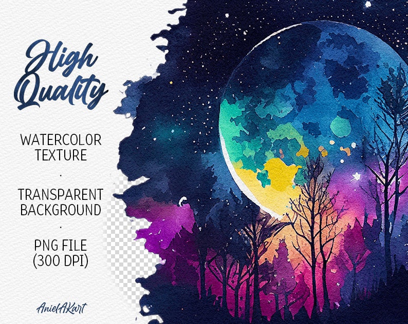 Watercolor Full Moon Clipart Bundle Magic Starry Night PNG Cozy ...