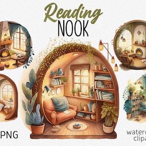 Acquerello Reading Nook Clipart Bundle Reading Corner PNG Libreria Book clipart Bookworm Accogliente Interiour Uso commerciale Download digitale