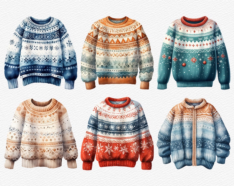 Watercolor Winter Sweater Clipart Bundle Ugly Christmas Sweater PNG ...