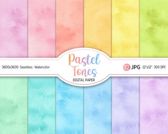 May include: Twelve digital paper backgrounds in pastel colors. The papers are seamless and feature a watercolor effect. The papers are 12 inches by 12 inches and 300 DPI.