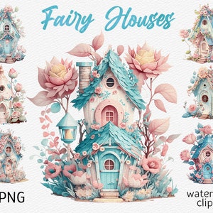 Domek wróżek pastelowych Clipart Akwarela Kwiat Domek wróżek PNG Scrapbooking clipart Dziecko Słodki Fantazja Sublimacja Przedszkole natychmiastowe pobieranie