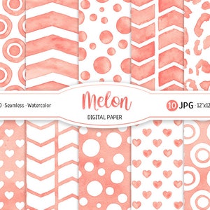 May include: Set of 10 digital papers featuring watercolor patterns in shades of pink and white. The patterns include circles, hearts, chevron, and polka dots. The text "Melon Digital Paper" is included in the image.