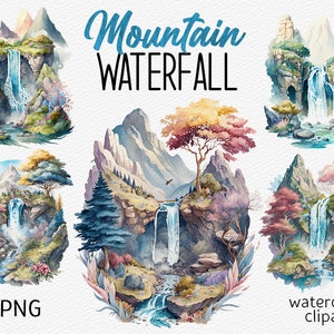Watercolor Mountain Waterfall Clipart Spring Landscape PNG Scrapbooking bundle PNG Summer tree Fantasy scenery digital download commercial