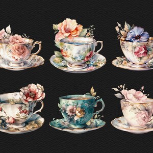 May include: Six teacups and saucers with floral patterns. Each cup and saucer has a different floral design with pink, blue, and green flowers. The cups and saucers are white with gold trim.