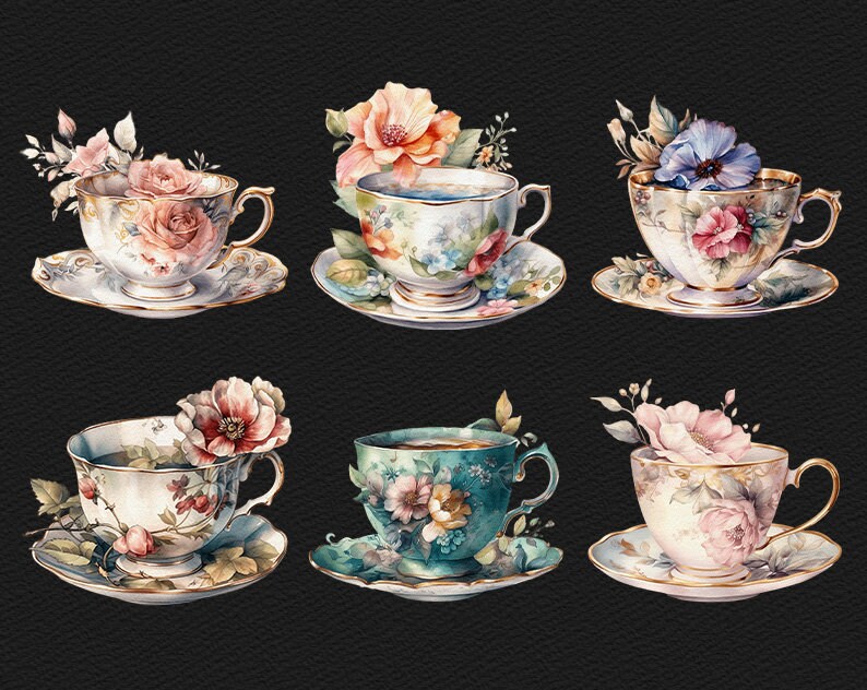 May include: Six teacups and saucers with floral patterns. Each cup and saucer has a different floral design with pink, blue, and green flowers. The cups and saucers are white with gold trim.