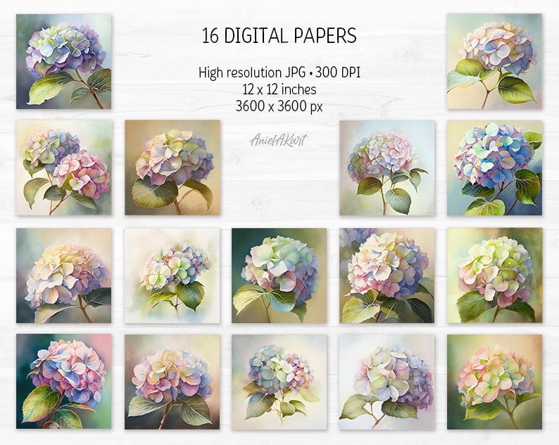 Watercolor Hydrangea Digital Paper Pack Floral Printable Scrapbooking ...