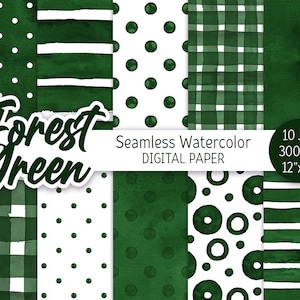 Forest Green Seamless Pattern Watercolor Polka Dot Digital Paper Pack Printable Green background Watercolor Stripes texture scrapbook paper