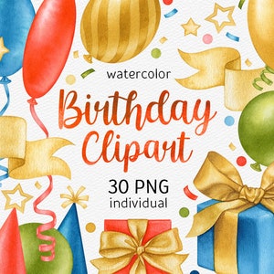 Aquarelle Fête d’anniversaire Clipart Peint à la main Coloré Anniversaire PNG Ballons Clipart Party Chapeau Clipart Bannière Célébration utilisation commerciale