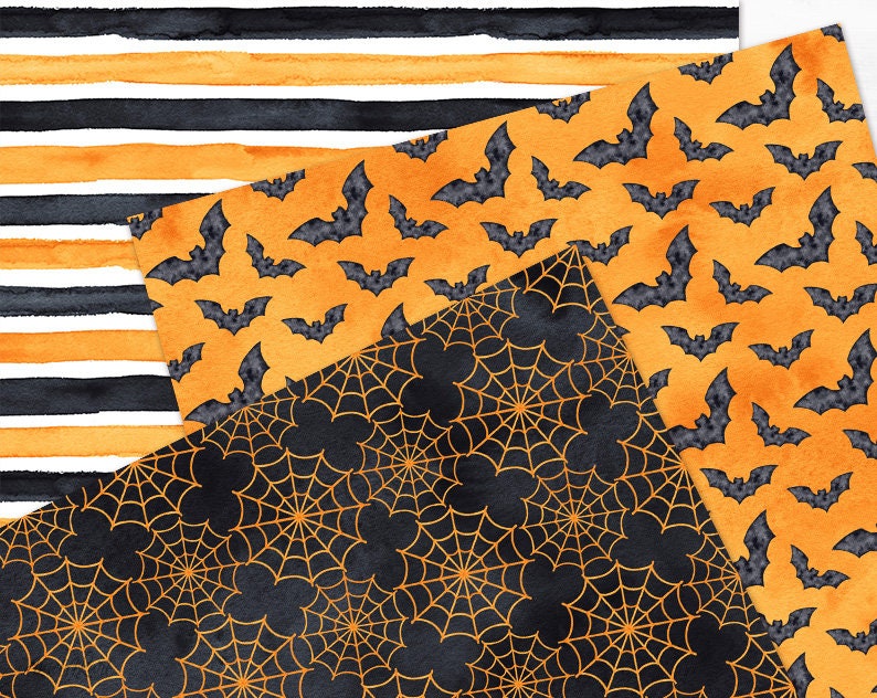 Orange Black Halloween Digital Paper Pack Watercolor Seamless Pattern ...