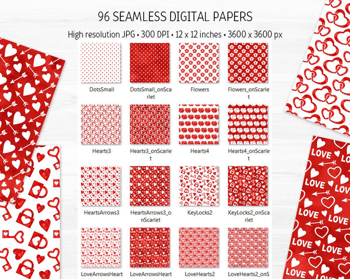 Red White Valentine Day Digital Paper Bundle Watercolor Love Seamless ...
