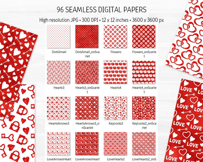 Red White Valentine Day Digital Paper Bundle Watercolor Love Seamless ...