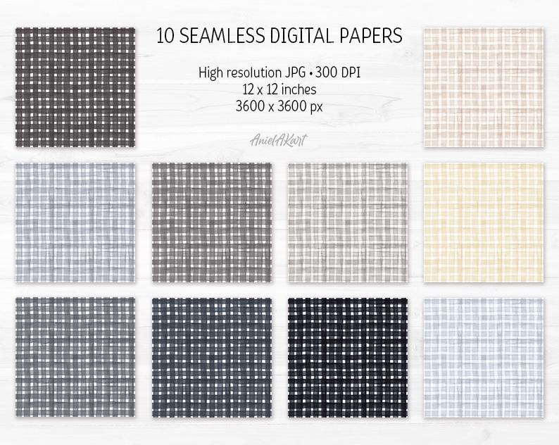 Grey Gingham Watercolor Digital Paper Pack Gingham Seamless Pattern ...