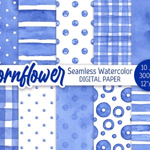 Bleuet Bleu Sans Couture Motif Aquarelle Polka Dot Digital Paper Pack Fond imprimable Aquarelle Rayures texture Scrapbook papier