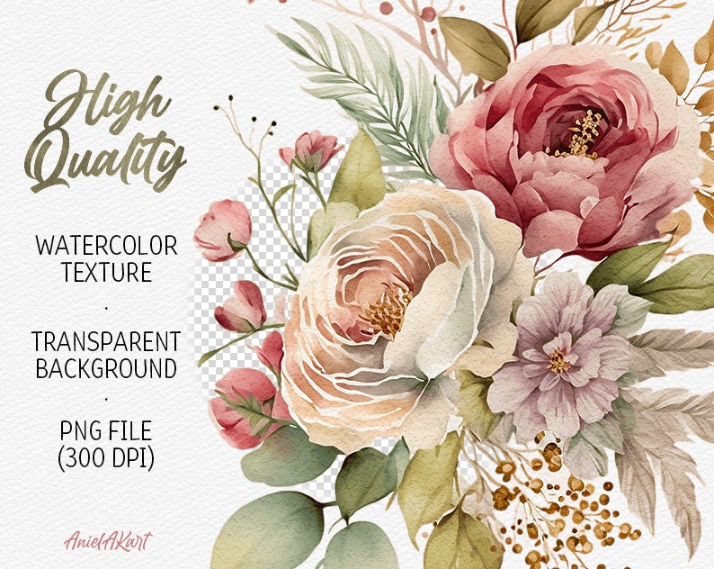 Watercolor Boho Floral Clipart Flower Boho Wedding PNG Bohemian Bridal ...