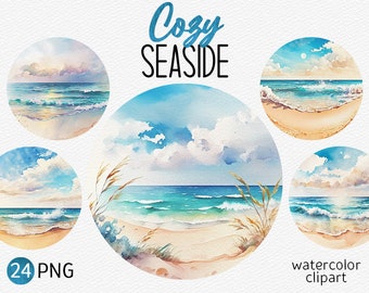Watercolor Seaside Clipart Bundle Sea Waves Beach PNG Cozy aesthetic Seascape PNG Summer Vacation PNG Rest Ocean Resort Instant Download