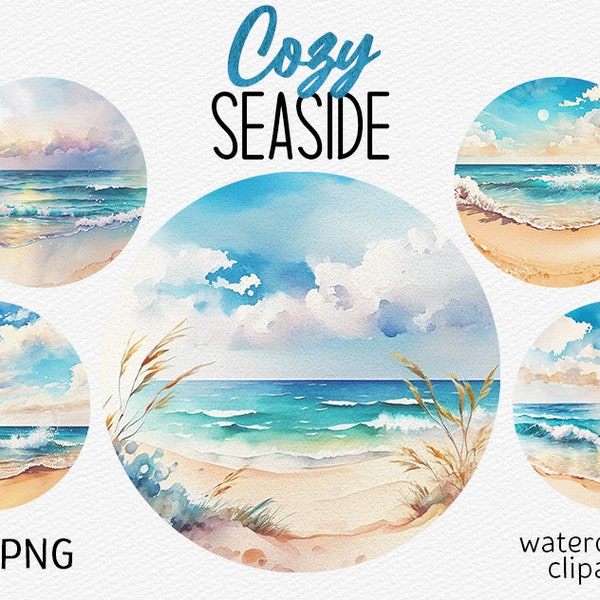 Watercolor Seaside Clipart Bundle Sea Waves Beach PNG Cozy aesthetic Seascape PNG Summer Vacation PNG Rest Ocean Resort Instant Download