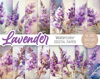 Watercolor Lavender Digital Paper Pack Flower Blossom Printable Scrapbooking Paper Provence Floral Spring background Wedding Invitation Card