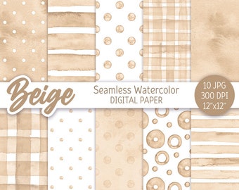 May include: Beige digital paper pack with 10 seamless watercolor patterns. The patterns include polka dots, stripes, gingham, and circles. The paper is 12 inches by 12 inches and 300 DPI.