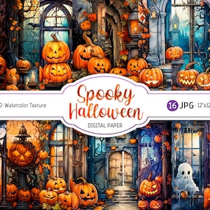 Watercolor Halloween Digital Paper Pack Haunted House Printable Scrapbooking Paper Spooky background Jack-O-Lantern Junk Journal download