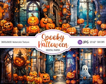 Watercolor Halloween Digital Paper Pack Haunted House Printable Scrapbooking Paper Spooky background Jack-O-Lantern Junk Journal download
