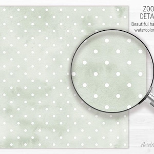 May include: A light green watercolor design with white polka dots. A magnifying glass shows a zoomed-in view of the pattern. Text reads "ZOOM DETAILS Beautiful handdrawn watercolor design."