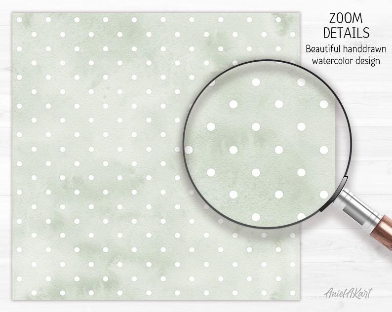 May include: A light green watercolor design with white polka dots. A magnifying glass shows a zoomed-in view of the pattern. Text reads "ZOOM DETAILS Beautiful handdrawn watercolor design."
