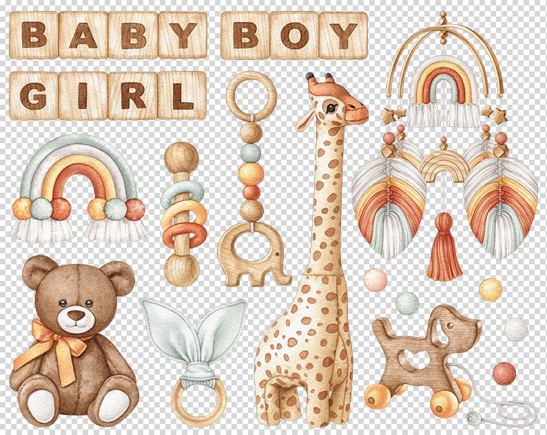 Watercolor Baby Toys Clipart Boho Baby Shower PNG Newborn Clipart ...