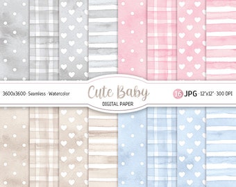 Cute Baby Digital Paper Pack Pastel Seamless Pattern Watercolor Polka Dot Baby shower Printable Scrapbook Paper Newborn Baby Boy Baby Girl