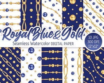 Royal Gold Blue Seamless Pattern Aquarelle Polka Dot Digital Paper Pack Or et bleu Texture de baby shower Papier Scrapbook Utilisation commerciale