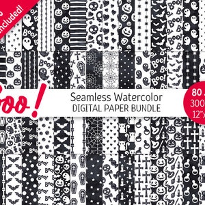 Schwarz & weiß Halloween Digital Paper Pack Aquarell Musterdesign druckbare Scrapbook Papier niedlich Spooky Ghost Skull Web Hintergrund
