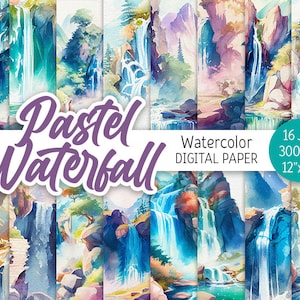 Aquarell Pastell Wasserfall Digital Paper Pack Landschaft druckbare Scrapbooking Papier Berge Hochzeitseinladungen Sommer Hintergrund Kunst