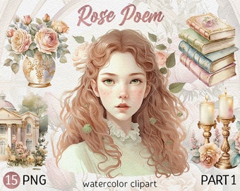 Watercolor Rose Poem Clipart Bundle Light academia PNG Bookshelf Floral Book clipart Bookcase Romantic Flower Reading Nook Cozy aesthetic