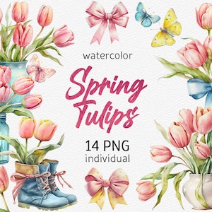 Clipart tulipano acquerello, tulipano rosa PNG, pacchetto clipart scrapbooking Fiori primaverili Bouquet PNG Fiore Floreale Pasqua PNG uso commerciale