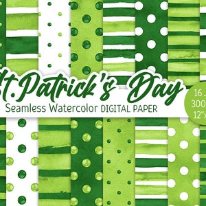 St Patrick&#39;s Day Digital Paper Pack Watercolor Polka Dot Seamless Pattern Printable Scrapbooking Paper Watercolor Stripes background