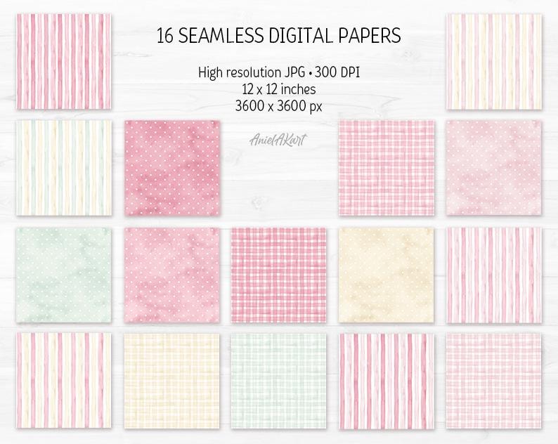 Blush Coquette Digital Paper Pack Watercolor Gingham Seamless Patterns ...