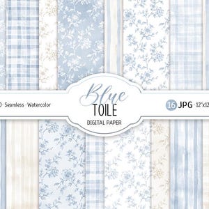 Può includere: Una collezione di 16 carte digitali con un design toile de Jouy blu. I motivi includono motivi floreali, a quadri e a righe. Ogni carta misura 30.48 cm x 30.48 cm e 300 DPI. Il testo "Blue TOILE DIGITAL PAPER" è incluso.