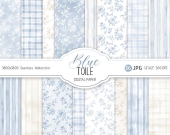 Blå Toile Digitalt Papper Coquette Sömlösa Mönster Blommig Akvarell Preppy Bakgrunder Scrapbook Papper Baby Shower Barnrum Utskrivbart