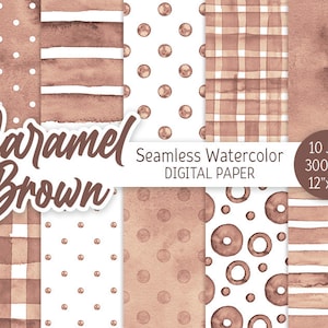 Marron Seamless Pattern Aquarelle Polka Dot Digital Paper Pack Imprimable Scrapbooking Papier Aquarelle Rayures Arrière-plan 12x12 JPEG