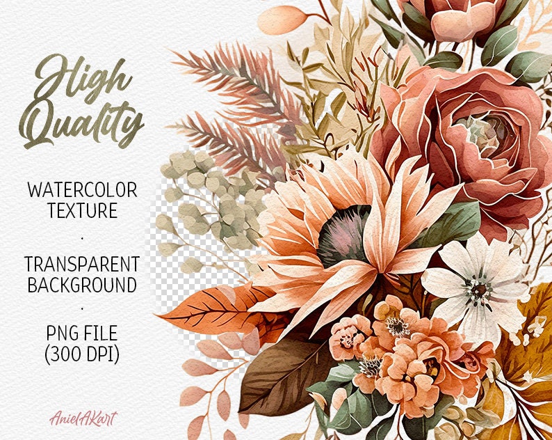 Watercolor Boho Floral Clipart Terracotta Flower Boho Wedding PNG ...