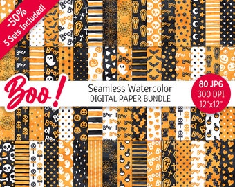 Black & Orange Halloween Digital Paper Pack Watercolor Seamless Pattern Printable Scrapbook Paper Cute Spooky Ghost Skull Web background