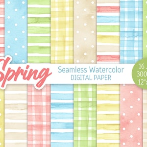 Primavera Digital Paper Pack Acquerello Pois Pattern senza cuciture Pasqua stampabile Scrapbooking Paper Pastel Stripes baby shower sfondo