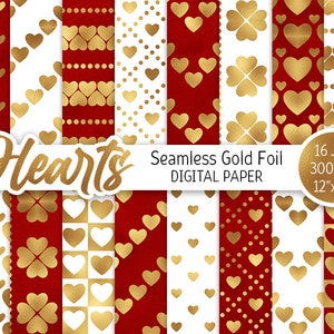 Or rouge et blanc Digital Paper Pack Glam Valentine arrière-plan Gold Foil Hearts Papier imprimable Love Seamless Pattern Motifs de mariage en or