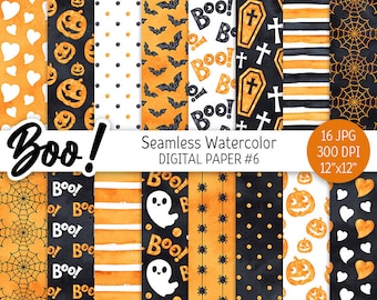 Orange Black Halloween Digital Paper Pack Watercolor Seamless Pattern Printable Scrapbook Paper Cute Spooky Boo Ghost Pumpkin Web background