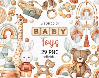 Watercolor Baby Toys Clipart Boho Baby Shower PNG Newborn Clipart Handpainted Cute Kids Toys PNG Gender Neutral Watercolor Digital Download